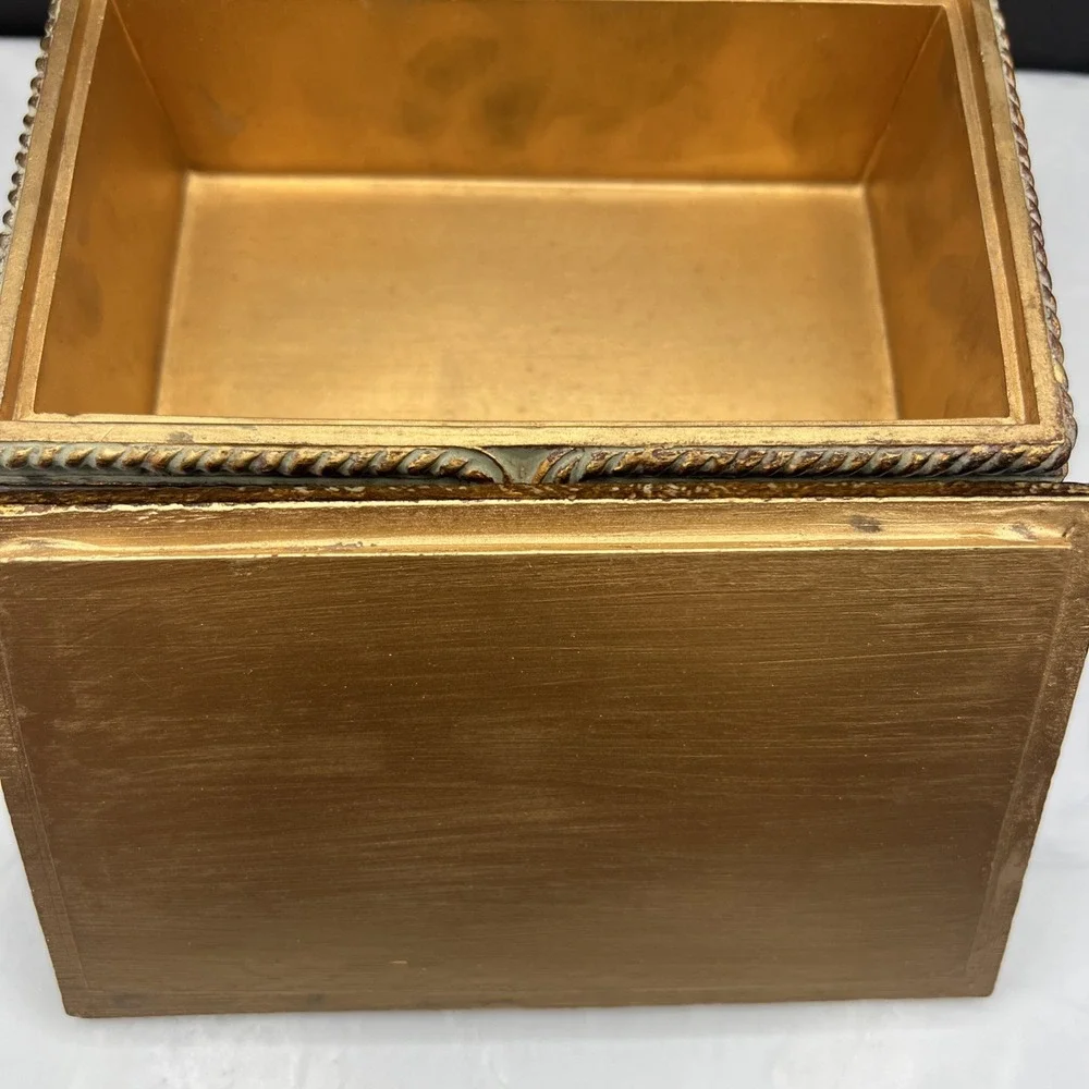 Vintage Parrot Jewelry Box Heavy Resin Footed Trinket Chest Gold Verdigris